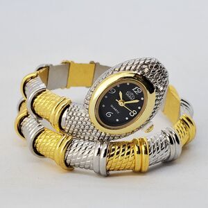 Women's Snake Bracelet‎ Wrist Watch 20MM Black Dial Gold Gray Tone Bracelet Band